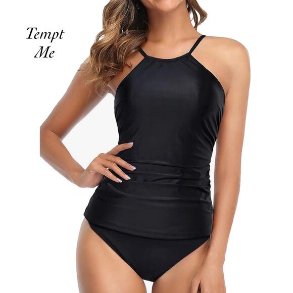 Tempt Me Black High Neck Ruched Two Piece Tankini Swimsuit NWT Size 22W FLAW - Picture 1 of 12